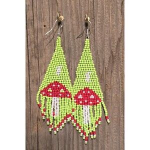 Handmade Beaded Earrings Drop / Dangle Fun Accessory 4.5 in Drop Mushroom Neon